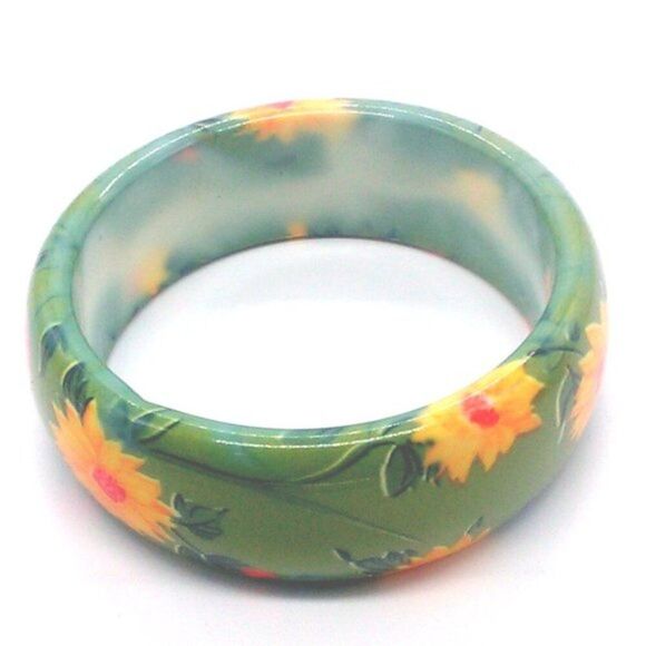 Vintage Chunky Green Orange Red Floral Bangle Bracelet 1" Wide - Picture 8 of 9